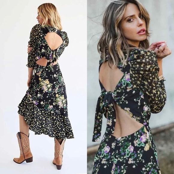 FOR LOVE & LEMONS Floral Long Sleeve Cutout Tie Back Ruched Ruffle Midi Dress XS - Picture 5 of 17